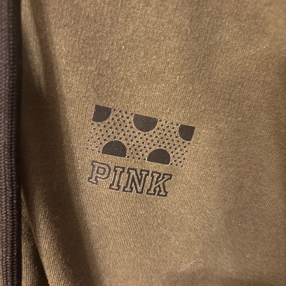 PINK Victoria's Secret Ultimate Zip Up Hoodie Olive Green Varsity Stripe L - Picture 5 of 8